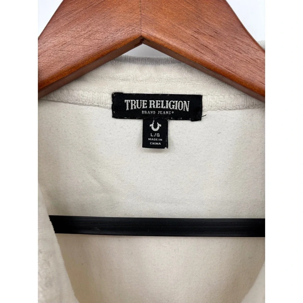 True Religion Mens Terry Cloth Polo Shirt Cream Logo Tape Short Sleeve Large
